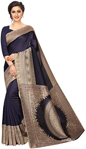 ETHNICMODE Indian Women's Khadi Silk Fabrics Multi-Colored Printed Sari with Blouse Piece (Fabric) Kalamkari 13 Navy