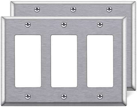 [2 Pack] BESTTEN 3-Gang Decorator Metallic Wall Plate, Normal Measurement 4.5″ x 6.375″, 430 Stainless Metal Outlet Cowl, UL listed, Silver