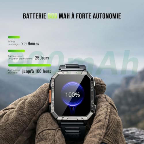 Blackview Men's Military Smart Watch, SOS LED Torch & Compass, 100J Battery Life 960mAh, Bluetooth Calling, Pedometer, 24h Health Tracking, 120+ Sports Modes, IP68, Shockproof, iOS & Android