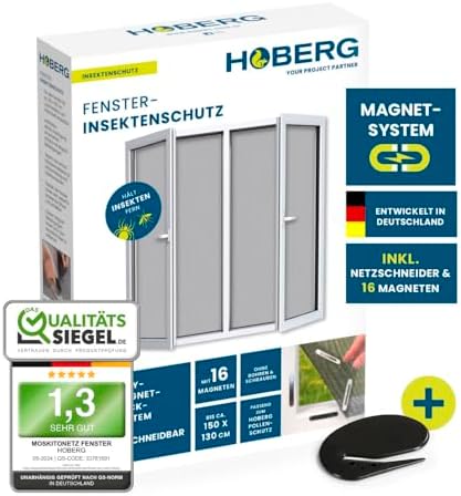 Fenster-Fliegengitter mit innovativer Magnetbefestigung | Fliegennetz bis zu 150 x 130 cm individuell zuschneidbar, kein Bohren oder Schrauben | Moskitonetz anbringen mit 16 Magneten [Schwarz]