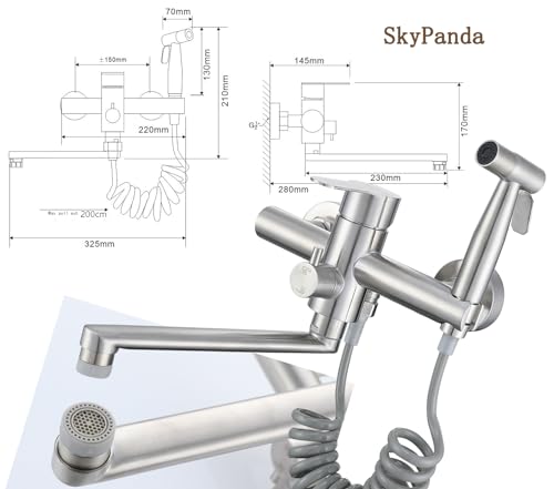 Kitchen Faucet, Wall Mounted, Kitchen Faucet with Spray Gun, 360° Rotatable 23 cm Swivel Hose, Hot and Cold, 4 Working Modes, Brushed Nickel 304