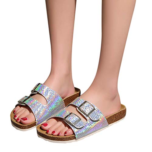 Women Flat Sandals Summer,SIN+MON Fashion Women Anti-Slip Sequin Cork Slippers Slip-on Slides Sandals Beach Rome Sandals (42/US 8.5, Silver) - Thumbnail 2
