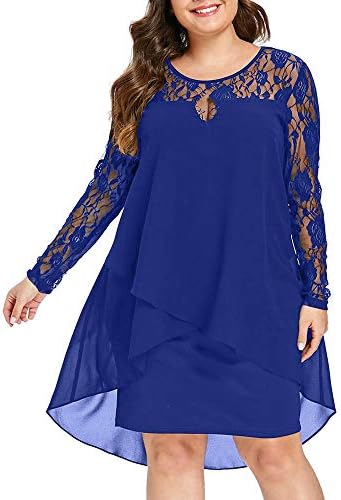 Padaleks Women Swing Dress Ladies Casual Plus Size Sheer Lace Sleeve High Low Hem O-Neck Midi Dress