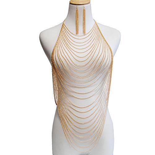 Alloy Multilayer CrossTassel Chain with Ear Ring, Sexy Belly Women Golden Tassel Crossover Bikini Body Chain Necklace with Gift Box (Gold Ear Ring with Body Chain) - Thumbnail 3