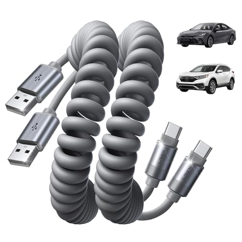 LISEN USB A to USB C Cable, Durable Short USB to C Cable 2 Pack for Android Auto & CarPlay, Coiled USB C Cable Type C Retractable Car Charger Cord for iPhone 17/16/15 Samsung Galaxy S25/S24, Gray 4FT