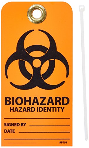 UPC 887481081908, NMC RPT54G &quot;BIOHAZARD HAZARD IDENTITY&quot; Accident Prevention Tag with Brass Grommet, Unrippable Vinyl, 3&quot; Length, 6&quot; Height, Black on Orange (Pack of 25)