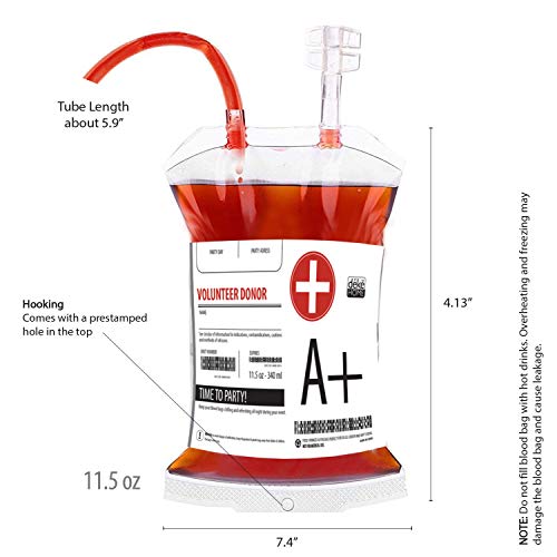 Blood Bag drinking. Set of 10 fake iv Blood Bags for Drinks, 11.5Oz