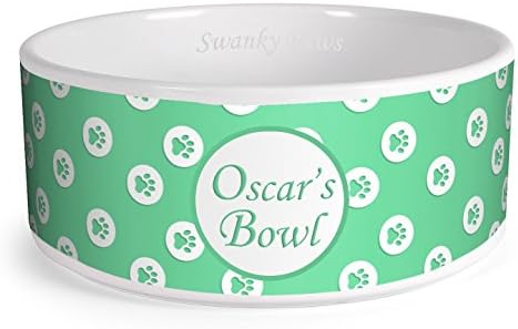 Swanky Paws Personalised Paw Pattern Custom Design Dog Bowl Cat Pet Food Dinner Dish (Large, Mint Green)