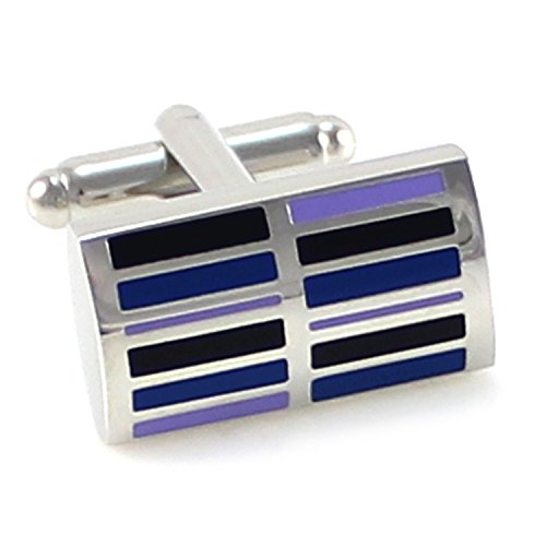 MENDEPOT Classic Rhodium Plated Rectangle Multi Color Stripes Cufflinks With Box