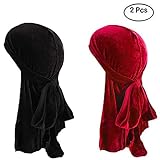 2Pack Waves Velvet Durag Cap Red Black Long Straps Designer Du-Rag for Men Women