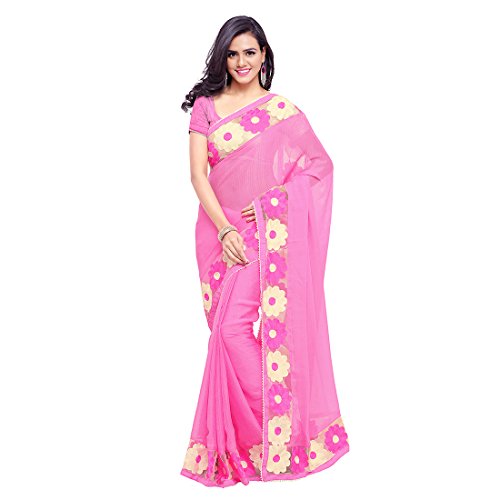 Styles Closet New Arrival Pink Chiffon Embroidered Saree