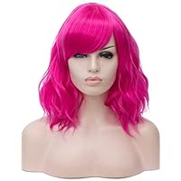 TopWigy Rose Red Cosplay Wig Medium Length Side Part Bang Curly Body Wave Colorful Synthetic Hair Wigs Costume Party Bob Full Women Wig (Rose Red 14")