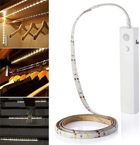 Motion Sensor Battery Powered LED Strip Light,6.5ft 2M Flexible String Rope Lights for Wardrobe,Room,Bed,Cabinet,Kitchen,Basement,Stairs