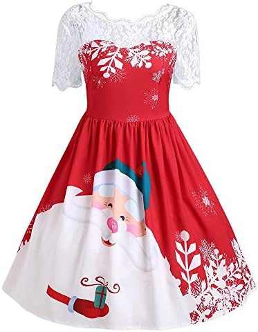 Sunyastor Women Retro Dresses, Short Sleeve Christmas Print Swing Dress Lace Vintage Santa Claus A-Line Dress