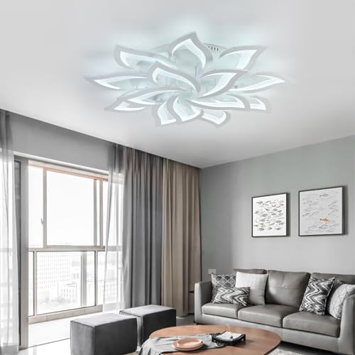 MOUNM LED Ceiling Light Dimmable 3000K-6000K, Creative Petal Chandelier Living Room 84W 8400lm, Bedroom Chandelier Acrylic Panel, Modern Chandeliers 14Lights