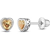 In Season Jewelry CZ Birthstone Heart Kids Earrings - 925 Sterling Silver Hypoallergenic Earrings for Girls with Secure Screw Backs - Safe & Comfortable for Toddlers, Kids & Little Girls