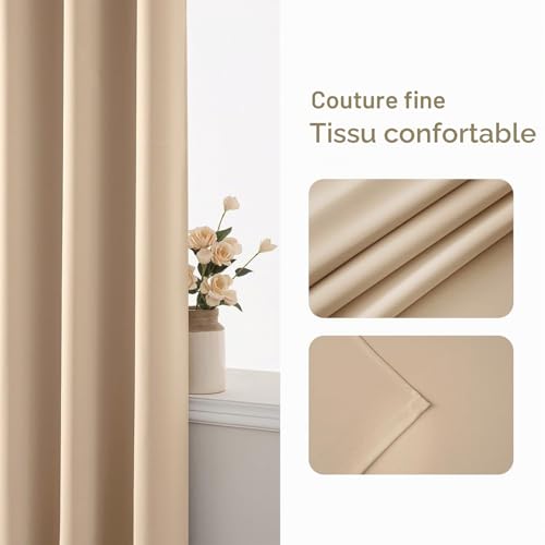 EMEMA Beige Blackout Curtain with Eyelets 140 x 225 cm Set of 2 Opaque Soft and Aesthetic Thermal Blackout Curtains for Living Room Modern Bedroom