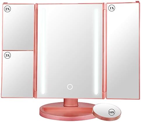 Makeup Mirror, Tri-fold Led Lighted Mirror with Touch Dimmer and 180-Degree Rotation, USB Cable or Battery Powered