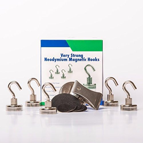 Magnetic Hooks, 25lbs Heavy duty Neodymium magnets, small,strong and powerful ,5 pack + 1 bonus magnetic clip and free protective stickers