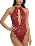 Avidlove Lingerie for Women Teddy One Piece Lace Babydoll Bodysuit Wine Red L