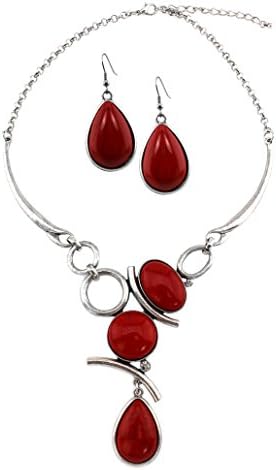 Red Stone Cabochon Set Link Necklace With Matching Earrings