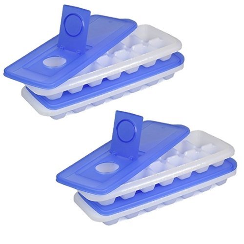 ChefLand Easy Release No Spill Ice Cube Tray with Removable Cover, Stackable, Compact, Odor Free Ice Cube Tray In White With Blue Lid (4 trays) - Thumbnail 6