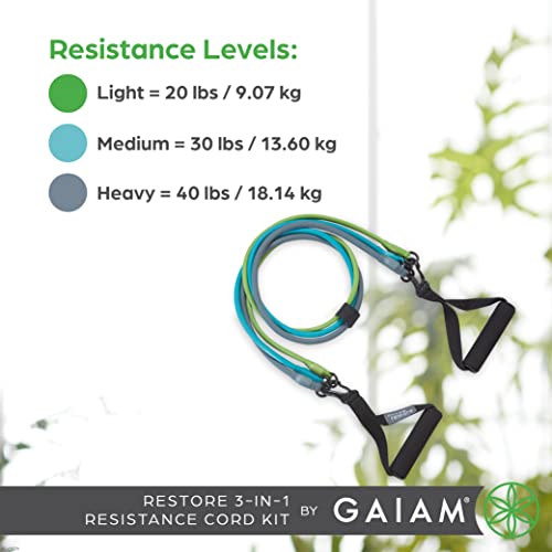 Gaiam Restore 3in1 Resistance Band Kit Exercise Cord with ComfortGrip Foam Handles and Easy