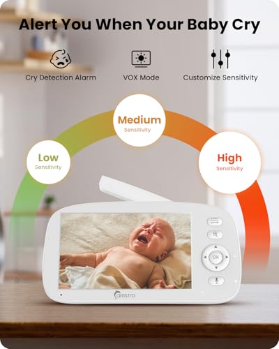 CAMSTRO Baby Monitor with Camera, 5" Display, 360° Remote Pan-Tilt-Zoom, Night Vision, Two-Way Audio, 5000mAh Battery, Feeding Reminder, Lullabies, Cry and Motion Detection, VOX Baby Camera, No WiFi