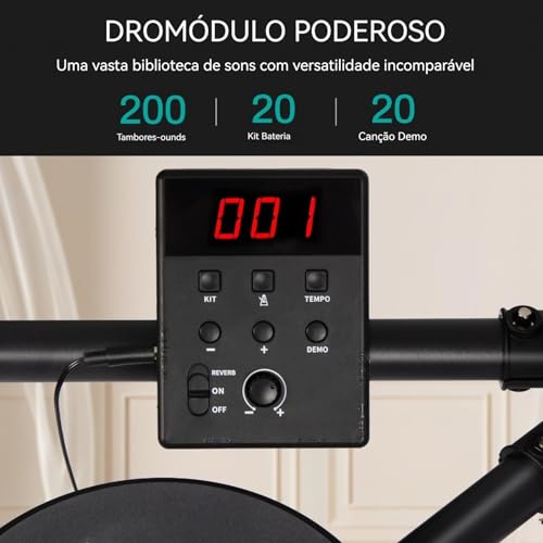 VEDO Bateria Eletrônica Portátil para Iniciantes com 4 Almofadas Silenciosas, 200 Sons, Banco Ajustável, Pedais Duplos e Fones de Ouvido - Kit Completo para Estúdio e Performances ao Vivo