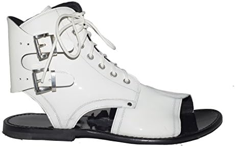 Jo Ghost 1584 M Italian Mens White Patent Leather Sandals with Laces and Zipper