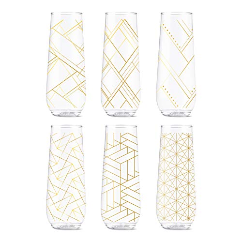 TOSSWARE-POP-9oz-Flute-Linear-Gold-Series-SET-OF-6-Recyclable-Unbreakable-Crystal-Clear-Plastic-Printed-Champagne-Glasses