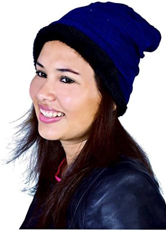 Elijah Knitted Blue ponnie Long Beanie Cap for Men and Women Skull Cap with Fur Inside Soft & Warm Perfect for Winter