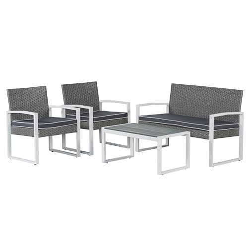 JONATHAN Y Elina 4-Piece Wicker Outdoor Patio Conversation Set, White/Gray