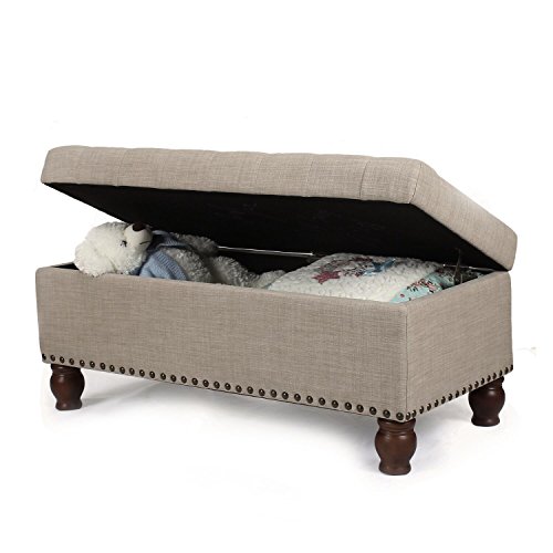 Asense Fabric Rectangle Tufted Lift Top Storage Ottoman Bench, Footstool with Solid Wood Legs, Nailhead Trim (Beige)