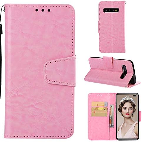 Voanice Galaxy S10 Plus Case,PU Leather Wallet with Credit Card Slots Holder Kickstand Carrying Flip Cover Shockproof Magnetic Wrist Strap Protective for Samsung Galaxy S10+ Plus [Not S10]&Stylus-Pink