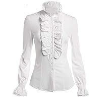 HYIRI ✈Avantgarde Women Retro Stand-Up Collar Lotus Ruffle Victoria Shirts Blouse White