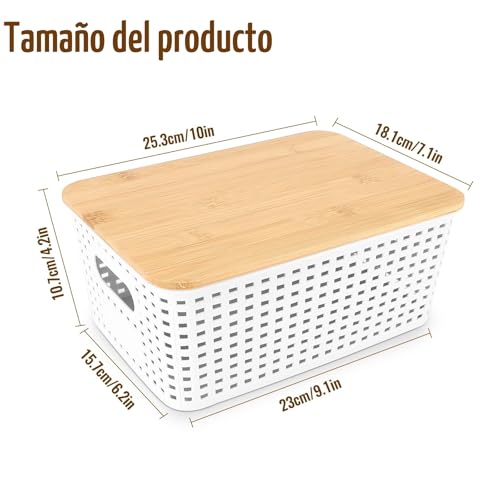 3 Pieces Plastic Storage Baskets with Bamboo Lid Organizer Baskets | Stackable Plastic Organizer Boxes with White Handles for Desk, Office, Cosmetic, Bathroom, Toys