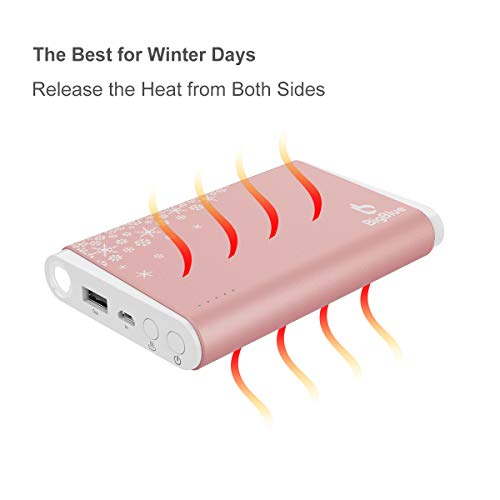 BigBlue 10000mAh Rechargeable Charger with Emergency Light, Portable Reusable with Double-Side Heat for Winter Sports, Ski, Hiking, Camping, Gift-Giving, Rose Gold