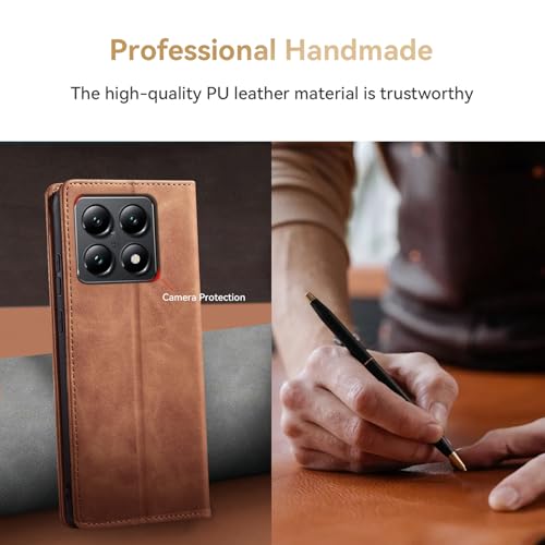 KIOTROUO Case for Xiaomi 14T, PU Leather Case with Card Slot, Protective Cards, Folding Stand, Magnetic Closure, Book Type Flip Case, Brown