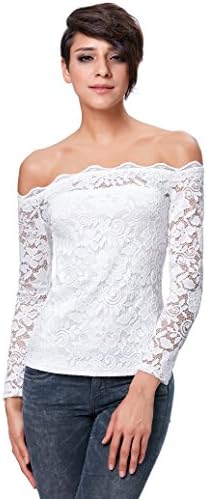 Women's Sexy Off Shoulder Lace Floral Long Sleeve Blouse Tops Ivory (XL)