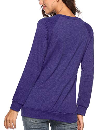 Womens Button Long Sleeve Tops Casual Blouses T-Shirt Round Neck Pockets Top Purple L