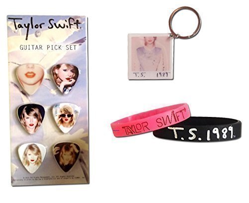 Taylor Swift 1989 World Tour Ultimate Fan Gift Package, (Photo Collector's Guitar Picks, Black Rubber Bracelet, Pink Rubber Bracelet, and Album Photo Keychain)