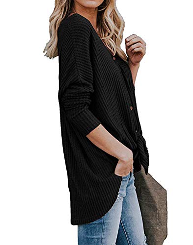 Womens Waffle Knit Tunic Blouse Front Tie Knot Henley Tops Button Down Knitting Cardigan Batwing Plain Shirts Black M - Thumbnail 3