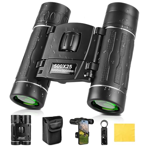 Binoculares Portátiles 500x25 (8X), Binoculares Plegables con Clip para Teléfono, Alcance 5000m, Película Verde y Prisma BAK4, Visión Nocturna, Impermeables, Camping, Conciertos, Excursiones
