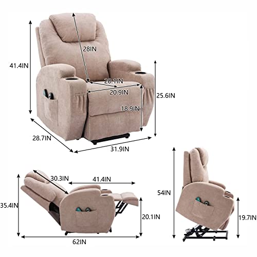 Power Lift Recliner Chair Massage Chair for Elderly, Electric Lift Chair with Heat and Massage, Fabric Recliner Sofa with 2 Cup Holders, Side Pockets & Remote Control for Living Room (Light Brown)