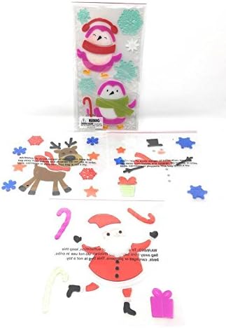 Winter Christmas Holiday Season Window Gel Cling Stickers ~ Reindeer, Snowman, Santa, Snowflakes, Gifts, Candy Canes ~ Pack of 4 ~ Over 80 Window Clings