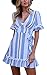 Angashion Women's Dresses-V Neck Striped Short Sleeve Ruffle Hem Mini Skater T Shirt Dress