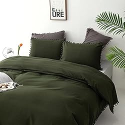 Luxlovery Army Green Pom Pom Comforter Set Queen