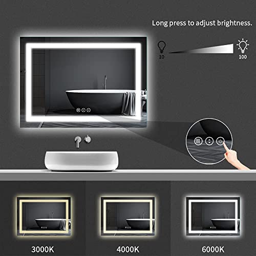 Amorho LED Bathroom Mirror 40x 32, AntiFog Frameless Makeup Mirrors, AntiFog, Memory, 3 Colors