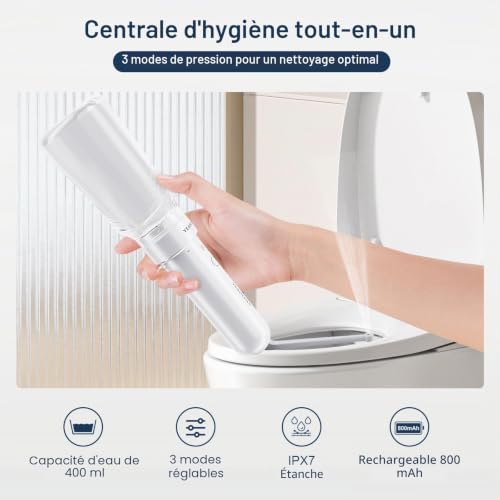 YEAHCHIC Bidet portable pour Voyage – USB-C Rechargeable, 3 Modes, 400 ML, Pulvérisateur Etanche + 2 Buses – Bidet Portable pour Bébé, Bidet pour Homme, Bidet de Voyage pour Femme